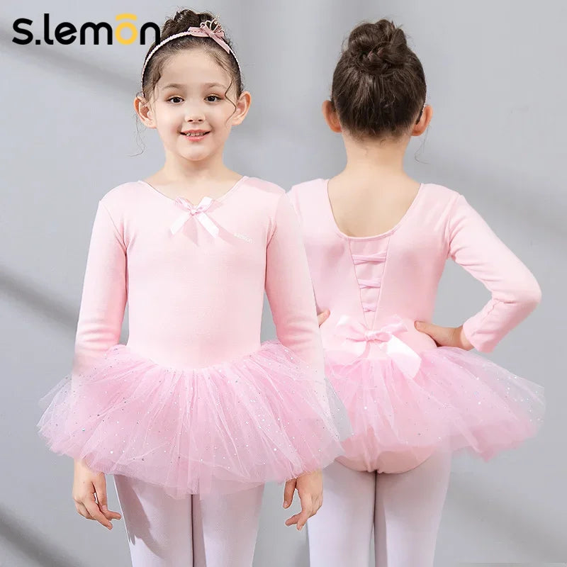 Girls Ballet Leotard Tulle Skirt Pink Long-Sleeve Fleece-Lined Starry Mesh One-Piece Dress Dancewear Performance Costume