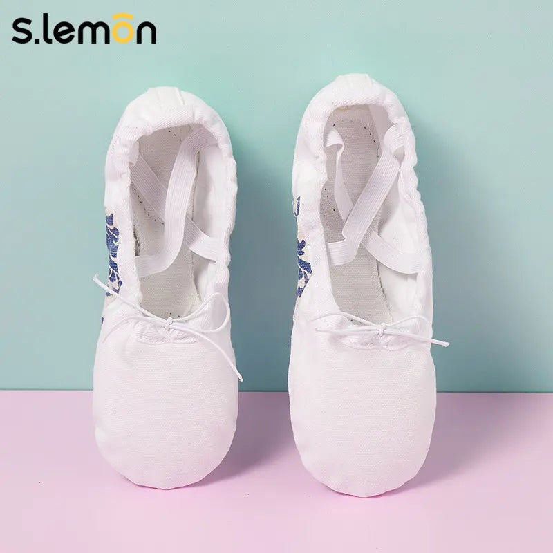 S.lemon Ballet Slippers Adult Women White Tie-On – Soft Sole Cat Paw Dance Shoes for Teachers & Studio Practice